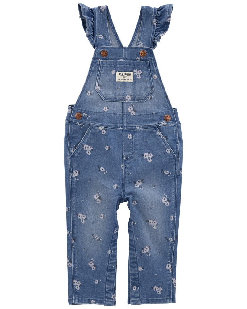Baby Floral Print Ruffle Stretch Denim Overalls, image 1 of 3 slides