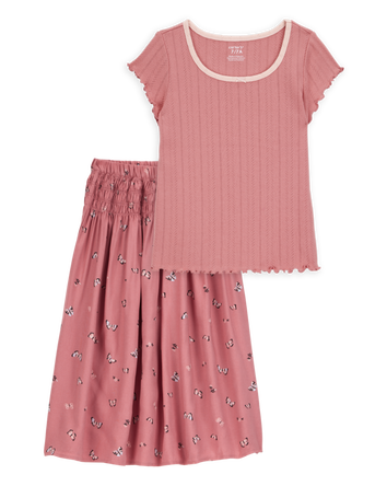 Kid 2-Piece Pointelle Tee & Butterfly Maxi Skirt Set - Pink, 