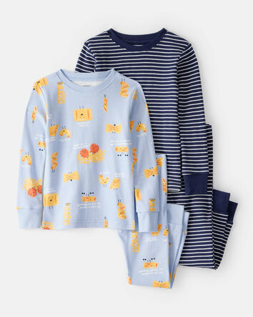 Toddler Boy Pasta Print 100% Cotton Long-Sleeve 4-Piece Pajamas - Blue, 