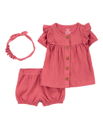 Baby Girl 3-Piece Gauze Button-Front Outfit Set- Red, 