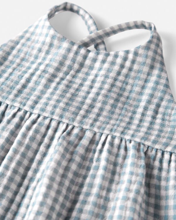 Blue Baby Gingham Print Organic Cotton Gauze Jumpsuit