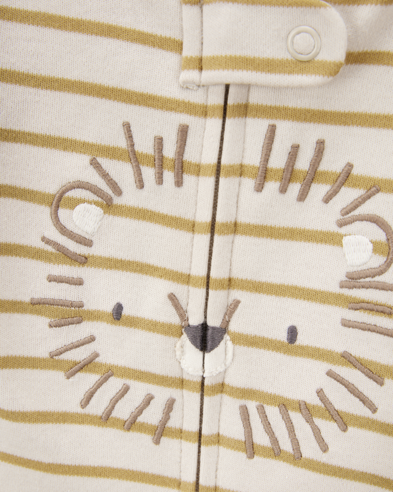 Baby Boy Lion Striped 2-Way Zipper Cotton Sleep & Play Pajamas - Tan, image 2 of 3 slides