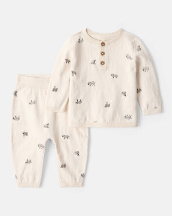 Baby Boy Sheep Print Cotton Long-Sleeve Tee & Pant Set - White, 