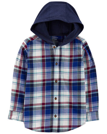 Kid Plaid Hooded Button-Front Shirt, 