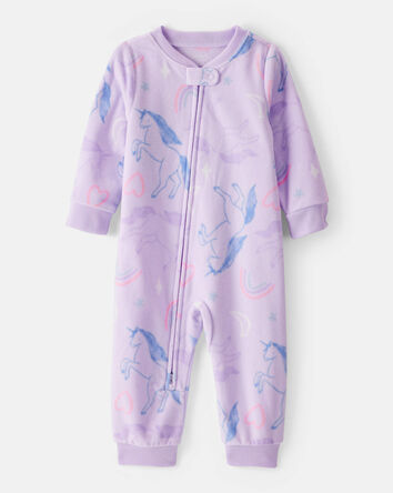 Baby Girl Unicorn Print Loose Fit Long-Sleeve 2-Way Zip 1-Piece Pajamas - Purple, 