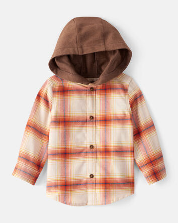 Baby Boy Plaid Cotton Long-Sleeve Hooded Button-Down Shirt - Orange, 