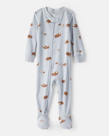 Baby Boy Otter 100% Cotton Snug Fit 2-Way Zip Footie 1-Piece Pajamas - Blue, 