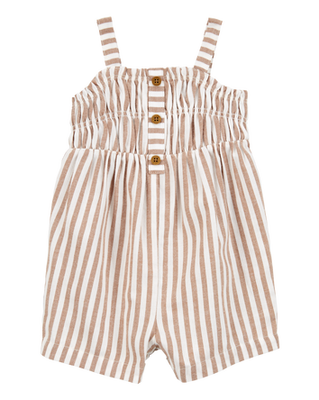 Baby Girl Striped Twill Romper- Brown, 