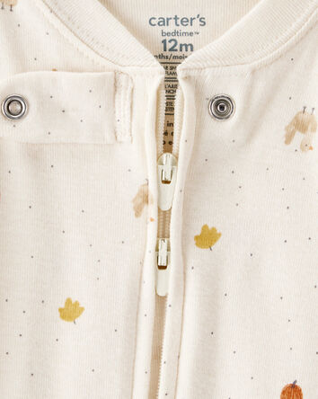 Toddler Thanksgiving Print 100% Cotton Long-Sleeve 2-Way Zip Footed 1-Piece Pajamas - White, 