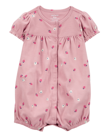 Baby Girl Strawberry Print Ribbed Short-Sleeve Romper - Pink, 