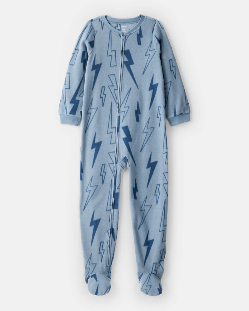 Boys Lightning Print Fleece Long-Sleeve Loose Fit 1-Piece Pajamas - Blue, image 1 of 3 slides