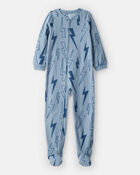 Boys Lightning Print Fleece Long-Sleeve Loose Fit 1-Piece Pajamas - Blue, image 1 of 3 slides