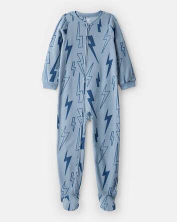 Boys Lightning Print Fleece Long-Sleeve Loose Fit 1-Piece Pajamas - Blue, 