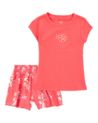 Kid 2-Piece Floral Embroidered Top & Linen Look-Alike Flowy Pull-On Shorts Set - Coral
, image 1 of 7 slides
