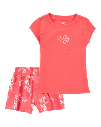 Kid 2-Piece Floral Embroidered Top & Linen Look-Alike Flowy Pull-On Shorts Set - Coral
, 