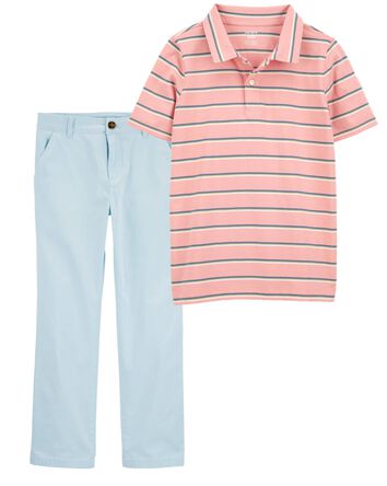 Kid 2-Piece Striped Jersey Polo & Flat-Front Pants Set, 