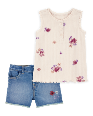 Toddler 2-Piece Floral Ribbed Tank Top & Denim Shorts Set - Ivory/Blue, 