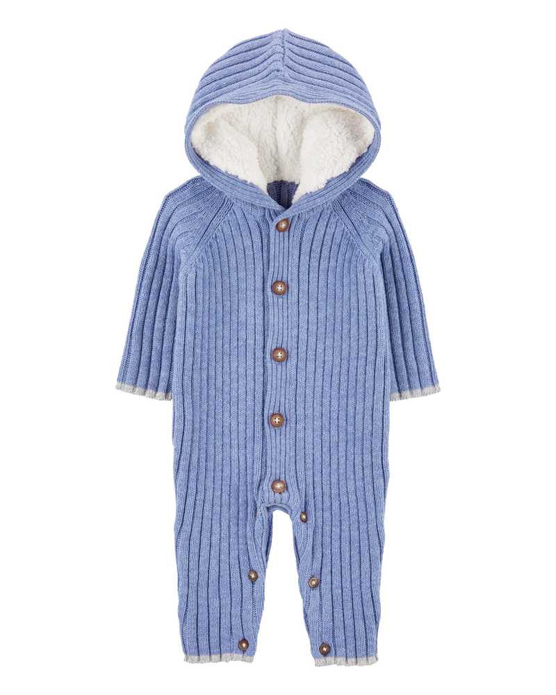 Baby Ribbed Sweater Knit Button-Front Jumpsuit - Blue, image 1 of 4 slides