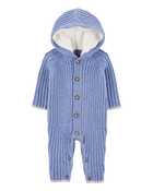 Baby Ribbed Sweater Knit Button-Front Jumpsuit - Blue, image 1 of 4 slides