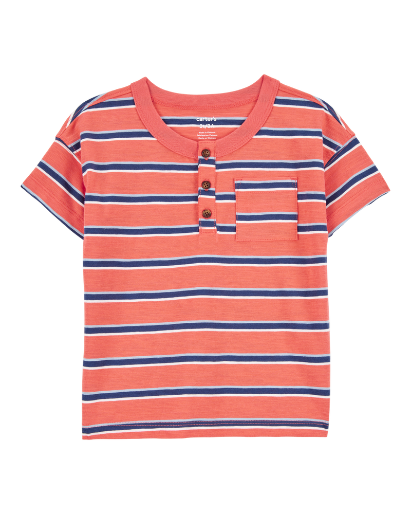 Baby Striped Cotton Short-Sleeve Henley - Orange, image 1 of 3 slides