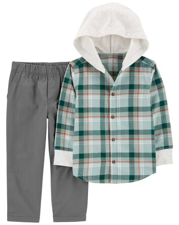 Toddler 2-Piece Plaid Hooded Button-Front & Pant Set, 