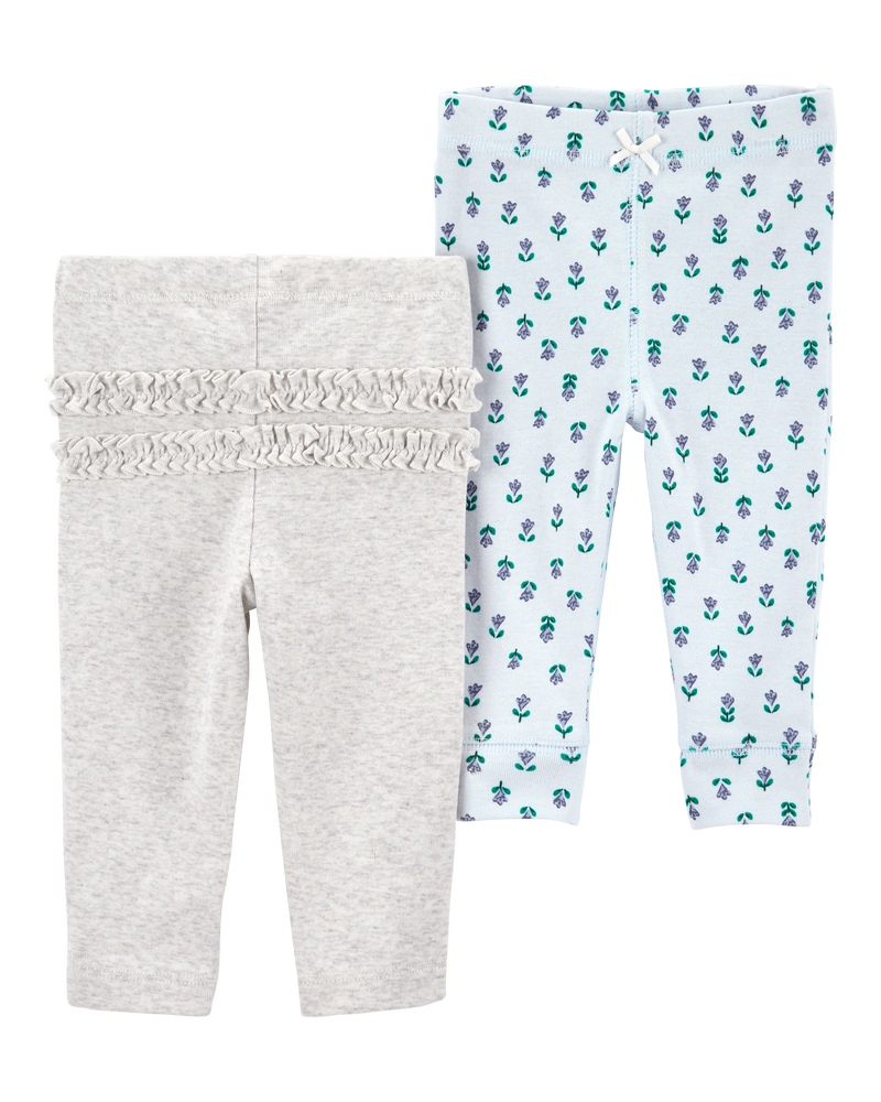 Baby 2-Pack Floral Pull-On Pants - Grey/Blue, image 1 of 10 slides