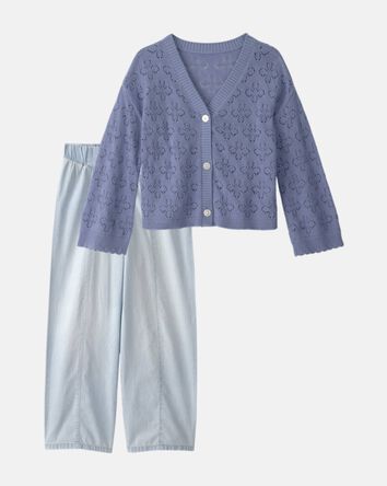 Girls 2-Piece Cardigan Sweater & Denim Jeans Set - Purple/White, 