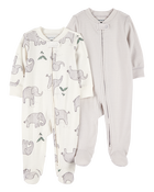 Baby 2-Pack Striped Elephant 2-Way Zip Cotton Sleep & Play Pajamas, image 1 of 4 slides