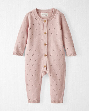 Baby Organic Cotton Sweater Knit Pointelle Jumpsuit in Perfect Pink, 