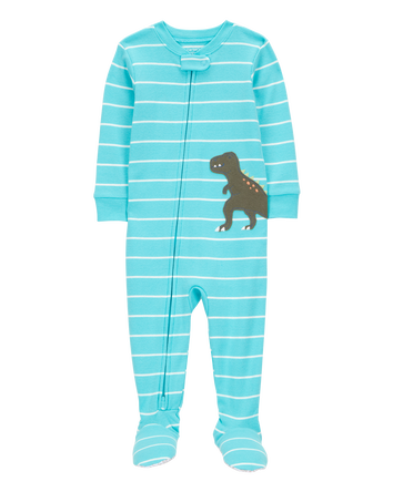 Toddler Boy 1-Piece Striped Dinosaur 100% Snug Fit Cotton Footie Pajamas - Turquoise, 
