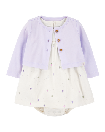 Baby 2-Piece Bodysuit Dress & Cardigan Set - Purple/White, 