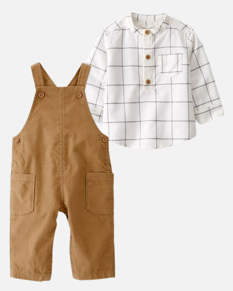 Baby 2-Piece Honey Oak Organic Cotton Corduroy Overalls & Plaid Shirt Set, image 1 of 1 slides