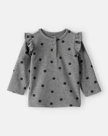 Baby Girl Flutter-Sleeve Polka Dot Long-Sleeve Top - Grey, 