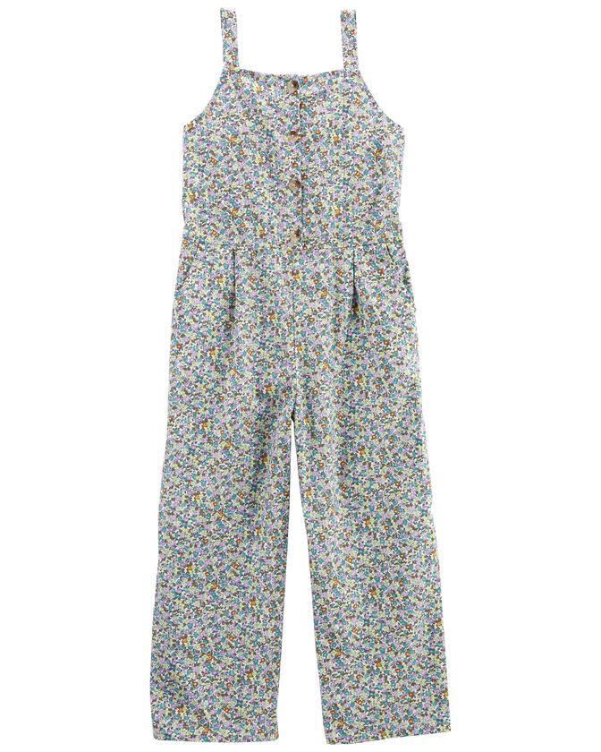 Kid Floral Print Button-Front Wide Leg Jumpsuit