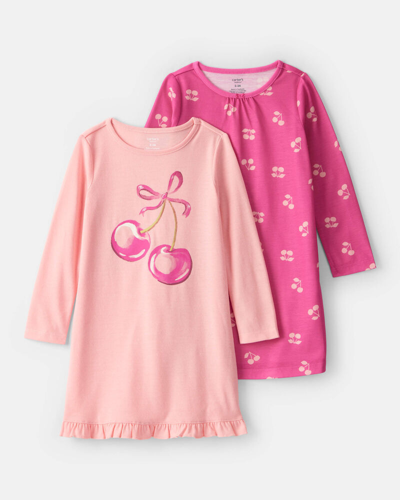 Girls Cherry Print Long-Sleeve Loose Fit Night Gowns - Pink, image 1 of 4 slides