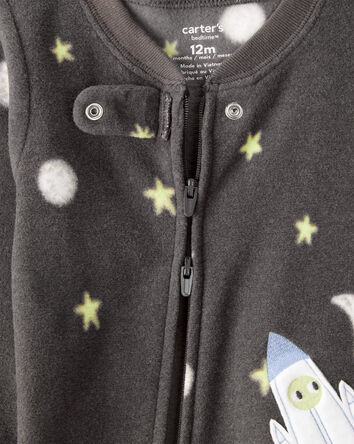 Toddler Boy Spaceship Star Print Fleece Loose Fit 1-Piece Pajamas - Grey, 