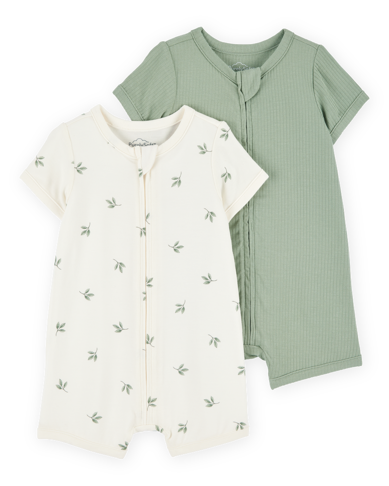 Baby 2-Pack PurelySoft Zip-Up Rompers - Green/Ivory, image 1 of 6 slides