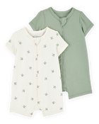 Baby 2-Pack PurelySoft Zip-Up Rompers - Green/Ivory, image 1 of 6 slides