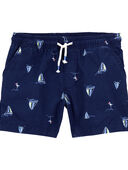 Navy - Toddler Sailboat Pull-On Linen Shorts