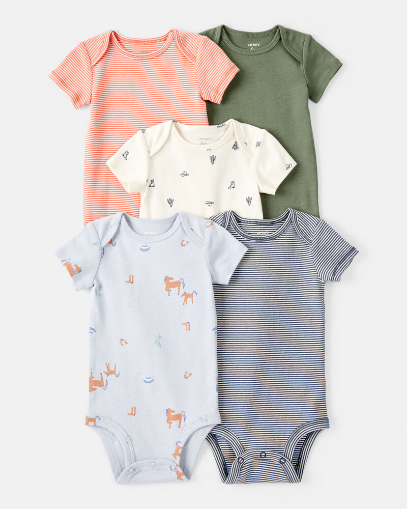 Baby Boy 5-Pack Cowboy Print Cotton Multipack Bodysuits - Blue/White/Orange/Green, image 1 of 7 slides