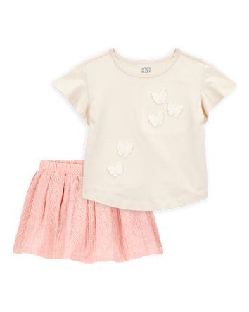 Baby 2-Piece Butterfly Short-Sleeve Top & Crochet Skort Set - Pink/Ivory, 