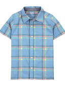 Blue - Kid Plaid Button-Front Short Sleeve Shirt