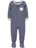 Blue - Baby 1-Piece Striped 100% Snug Fit Cotton Footie PJs