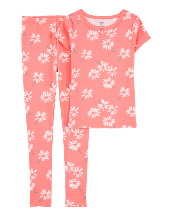 Girls 2-Piece Floral Print 100% Snug Fit Cotton Pajamas - Coral, 