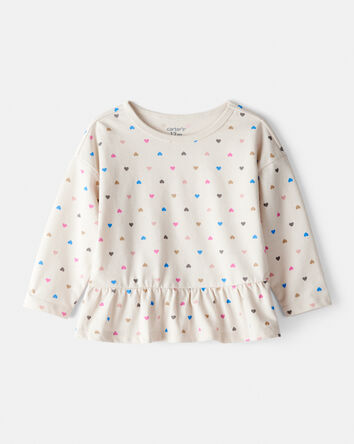 Baby Girl Heart Print Long-Sleeve Peplum Top - Cream, 