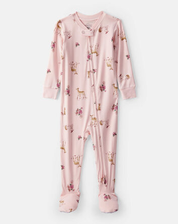Baby Girl Deer & Floral Print PurelySoft Long-Sleeve 2-Way Zip 1-Piece Pajamas - Pink, 