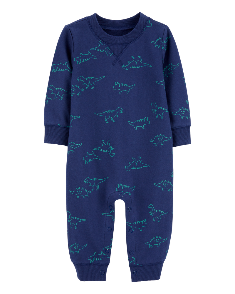 Baby Dinosaur Print French Terry Long-Sleeve Jumpsuit - Blue, image 1 of 3 slides
