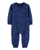 Baby Dinosaur Print French Terry Long-Sleeve Jumpsuit - Blue, image 1 of 3 slides