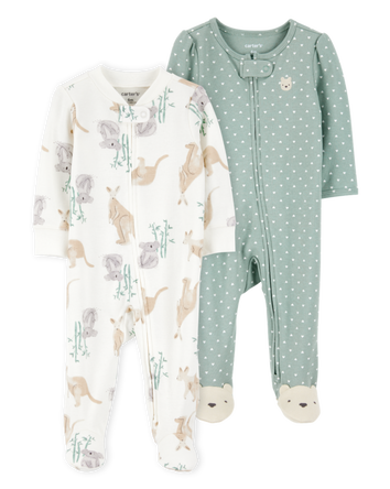 Baby 2-Pack  Cotton 2-Way Zip Sleep & Play Pajamas - Green/Ivory, 