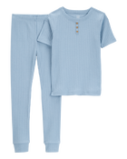 Kid Solid Ribbed Cotton Blend 2-Piece Pajamas - Blue, image 1 of 3 slides